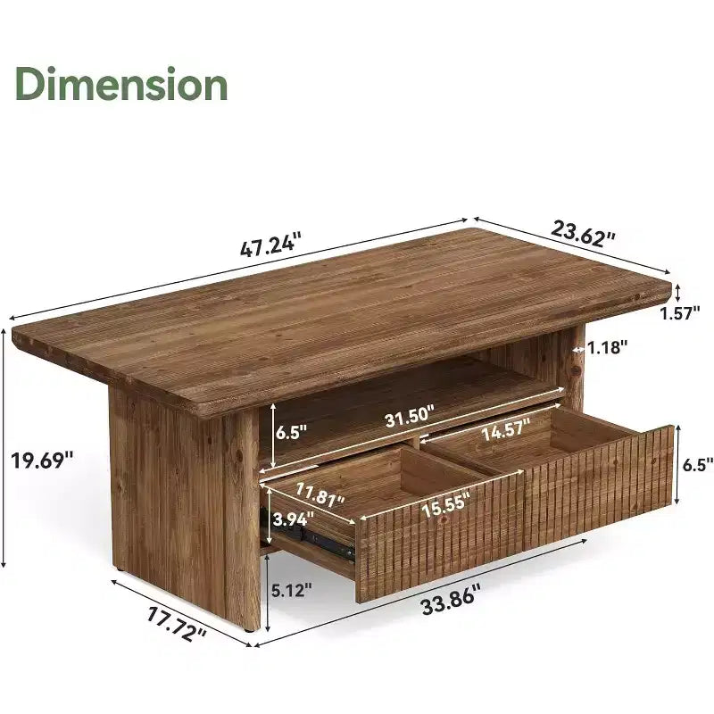 Table basse en bois massif de 120 cm avec 2 tiroirs, table de centre rectangulaire rustique à 2 niveaux avec étagère ouverte pour le salon