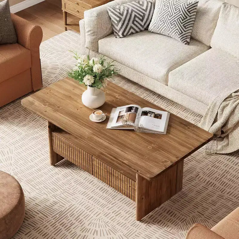 Table basse en bois massif de 120 cm avec 2 tiroirs, table de centre rectangulaire rustique à 2 niveaux avec étagère ouverte pour le salon