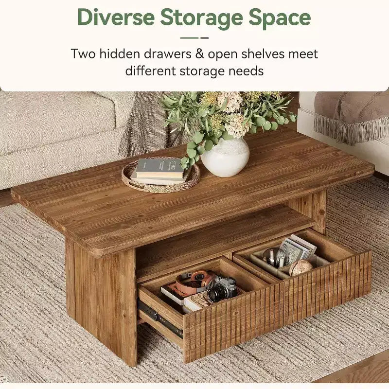 Table basse en bois massif de 120 cm avec 2 tiroirs, table de centre rectangulaire rustique à 2 niveaux avec étagère ouverte pour le salon