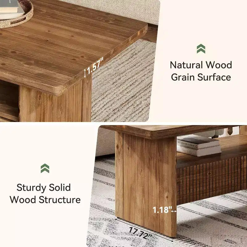 Table basse en bois massif de 120 cm avec 2 tiroirs, table de centre rectangulaire rustique à 2 niveaux avec étagère ouverte pour le salon