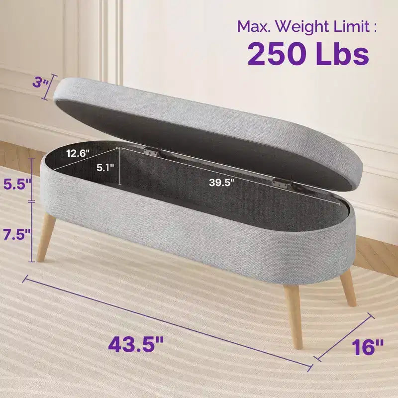 Banc ottoman de rangement multifonctionnel de 43,5 pouces avec couvercle rabattable et coussin rembourré