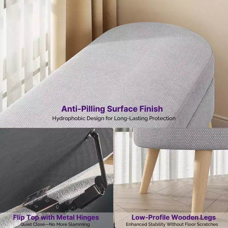 Banc ottoman de rangement multifonctionnel de 43,5 pouces avec couvercle rabattable et coussin rembourré