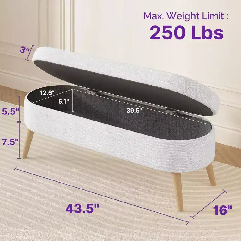 Banc ottoman de rangement multifonctionnel de 43,5 pouces avec couvercle rabattable et coussin rembourré