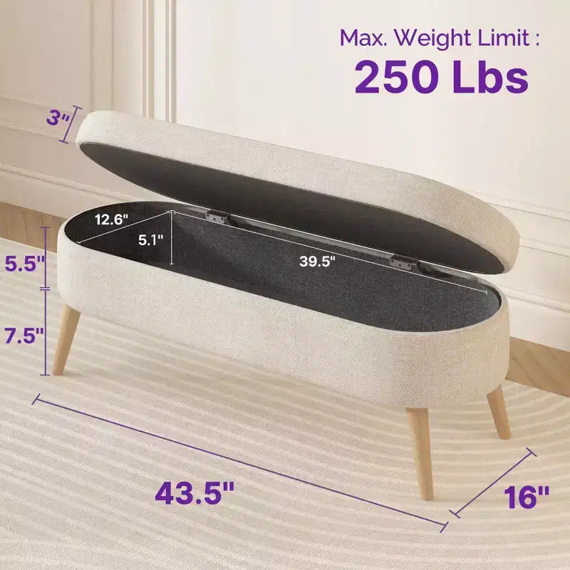 Banc ottoman de rangement multifonctionnel de 43,5 pouces avec couvercle rabattable et coussin rembourré