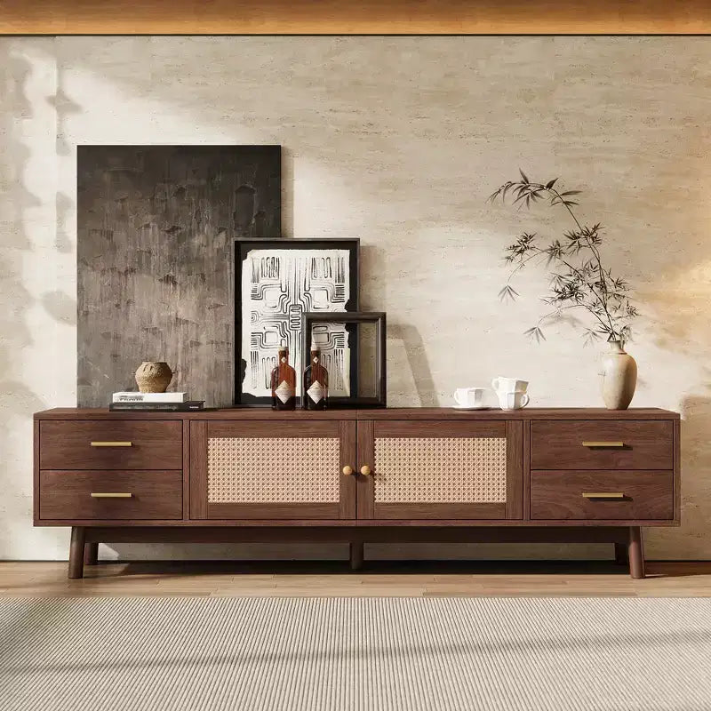 Meuble TV Mid-Century Modern de 70 pouces, adapté aux téléviseurs jusqu'à 80 pouces, avec volets roulants et tiroirs encastrés, pour le salon