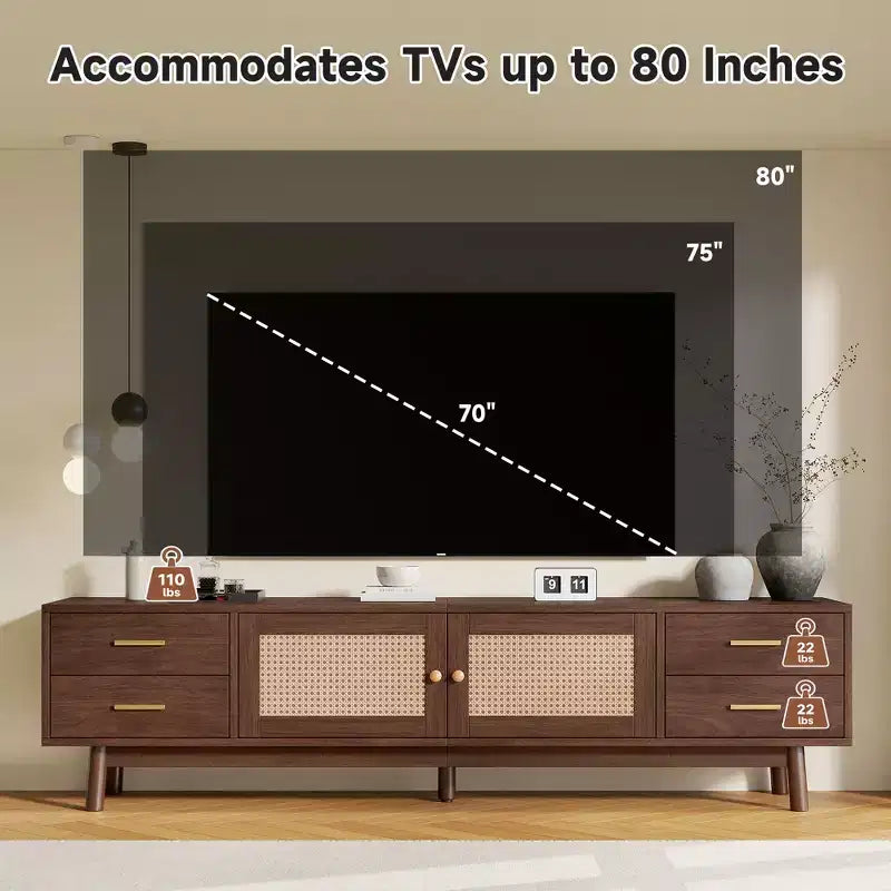 Meuble TV Mid-Century Modern de 70 pouces, adapté aux téléviseurs jusqu'à 80 pouces, avec volets roulants et tiroirs encastrés, pour le salon