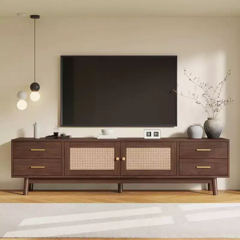 Meuble TV Mid-Century Modern de 70 pouces, adapté aux téléviseurs jusqu'à 80 pouces, avec volets roulants et tiroirs encastrés, pour le salon