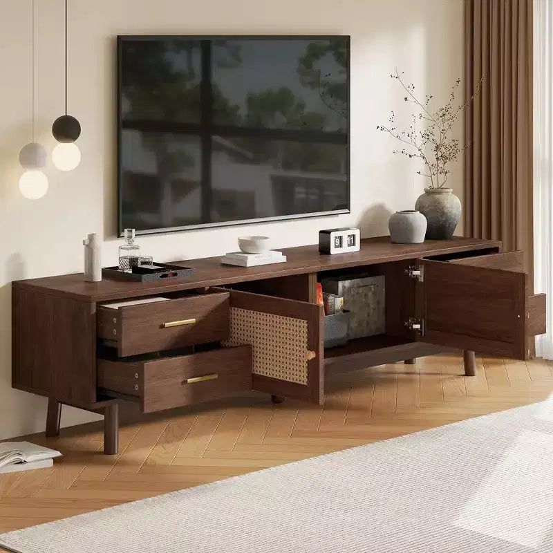 Meuble TV Mid-Century Modern de 70 pouces, adapté aux téléviseurs jusqu'à 80 pouces, avec volets roulants et tiroirs encastrés, pour le salon