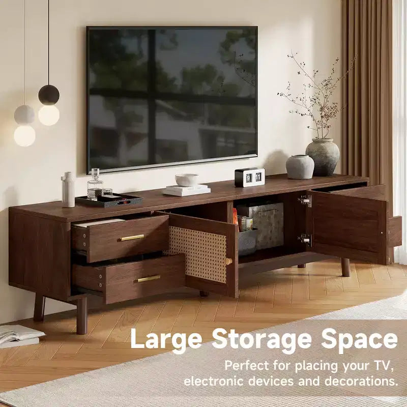 Meuble TV Mid-Century Modern de 70 pouces, adapté aux téléviseurs jusqu'à 80 pouces, avec volets roulants et tiroirs encastrés, pour le salon