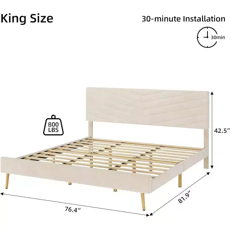 Cadre de lit plateforme King Size en velours capitonné avec tête de lit réglable, support à lattes en bois, silencieux, aucun sommier tapissier requis, beige