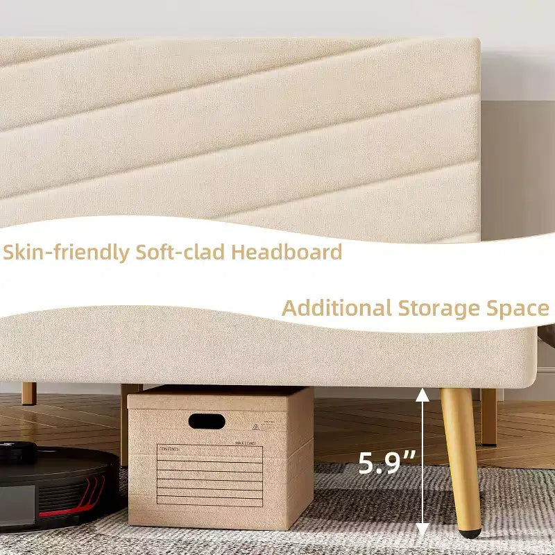 Cadre de lit plateforme King Size en velours capitonné avec tête de lit réglable, support à lattes en bois, silencieux, aucun sommier tapissier requis, beige