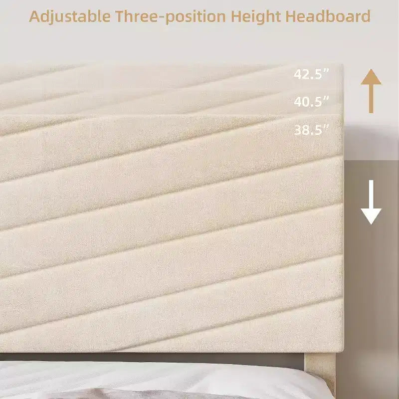 Cadre de lit plateforme King Size en velours capitonné avec tête de lit réglable, support à lattes en bois, silencieux, aucun sommier tapissier requis, beige