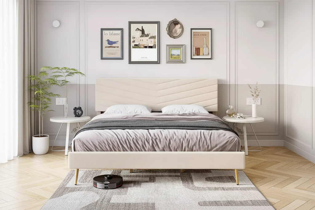 Cadre de lit plateforme King Size en velours capitonné avec tête de lit réglable, support à lattes en bois, silencieux, aucun sommier tapissier requis, beige