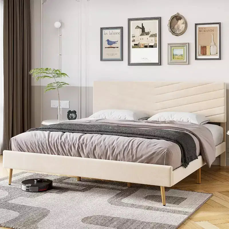 Cadre de lit plateforme King Size en velours capitonné avec tête de lit réglable, support à lattes en bois, silencieux, aucun sommier tapissier requis, beige