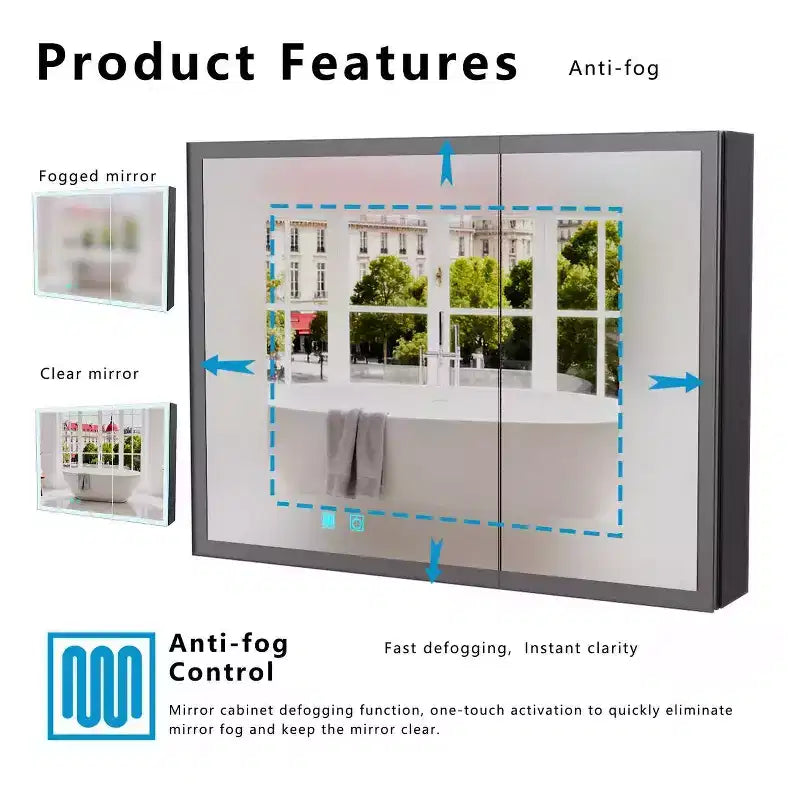 Armoire de toilette en aluminium de 81 cm (32 po) de largeur x 61 cm (24 po) de hauteur avec miroir et lumière, anti-buée, facile à installer