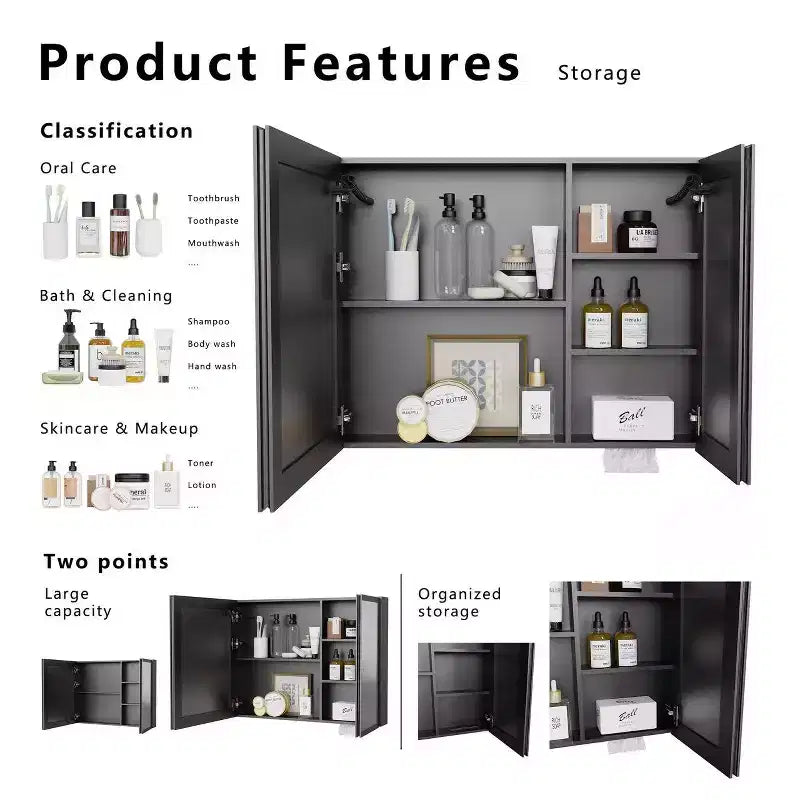 Armoire de toilette en aluminium de 81 cm (32 po) de largeur x 61 cm (24 po) de hauteur avec miroir et lumière, anti-buée, facile à installer