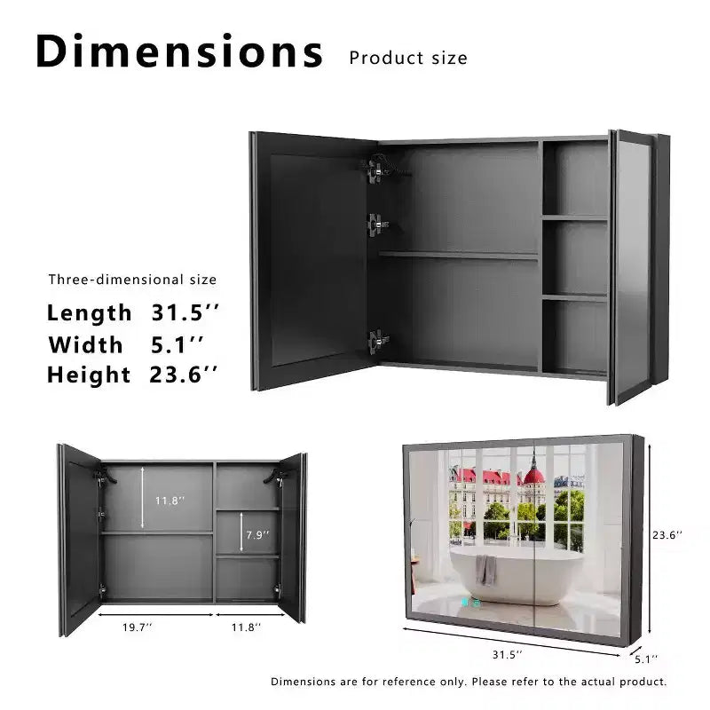 Armoire de toilette en aluminium de 81 cm (32 po) de largeur x 61 cm (24 po) de hauteur avec miroir et lumière, anti-buée, facile à installer