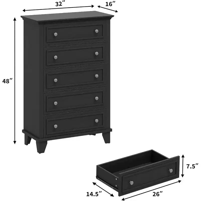 Commode haute vintage à 5 tiroirs, armoire de rangement stable en MDF anti-basculement avec glissière métallique fluide pour chambre à coucher et salon