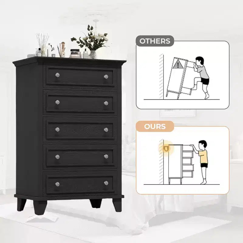 Commode haute vintage à 5 tiroirs, armoire de rangement stable en MDF anti-basculement avec glissière métallique fluide pour chambre à coucher et salon