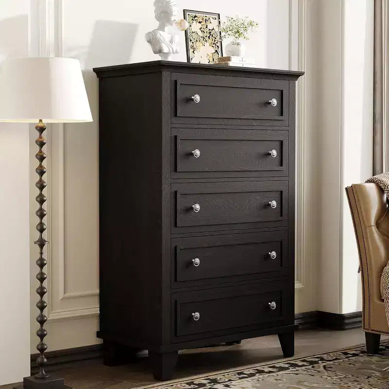 Commode haute vintage à 5 tiroirs, armoire de rangement stable en MDF anti-basculement avec glissière métallique fluide pour chambre à coucher et salon