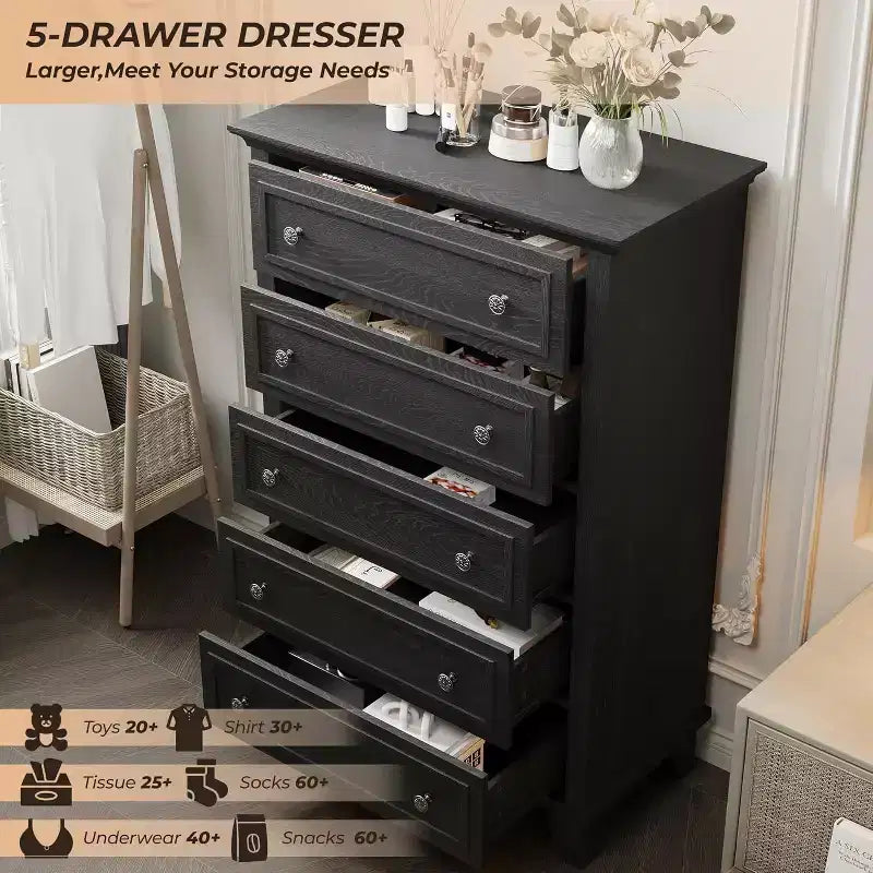 Commode haute vintage à 5 tiroirs, armoire de rangement stable en MDF anti-basculement avec glissière métallique fluide pour chambre à coucher et salon