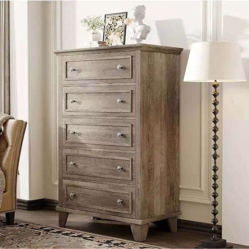 Commode haute vintage à 5 tiroirs, armoire de rangement stable en MDF anti-basculement avec glissière métallique fluide pour chambre à coucher et salon