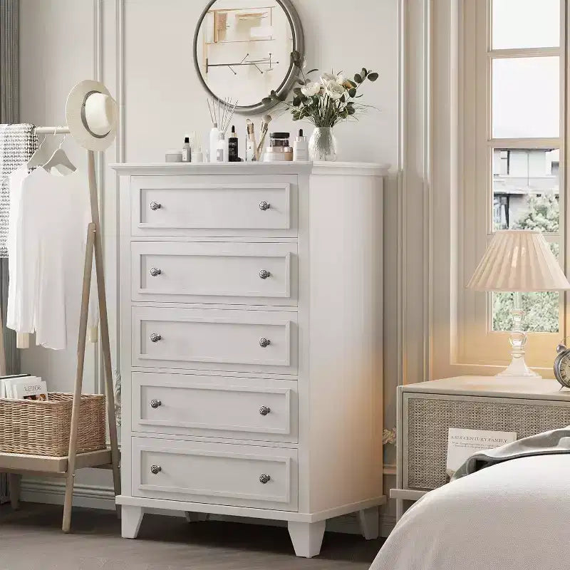 Commode haute vintage à 5 tiroirs, armoire de rangement stable en MDF anti-basculement avec glissière métallique fluide pour chambre à coucher et salon