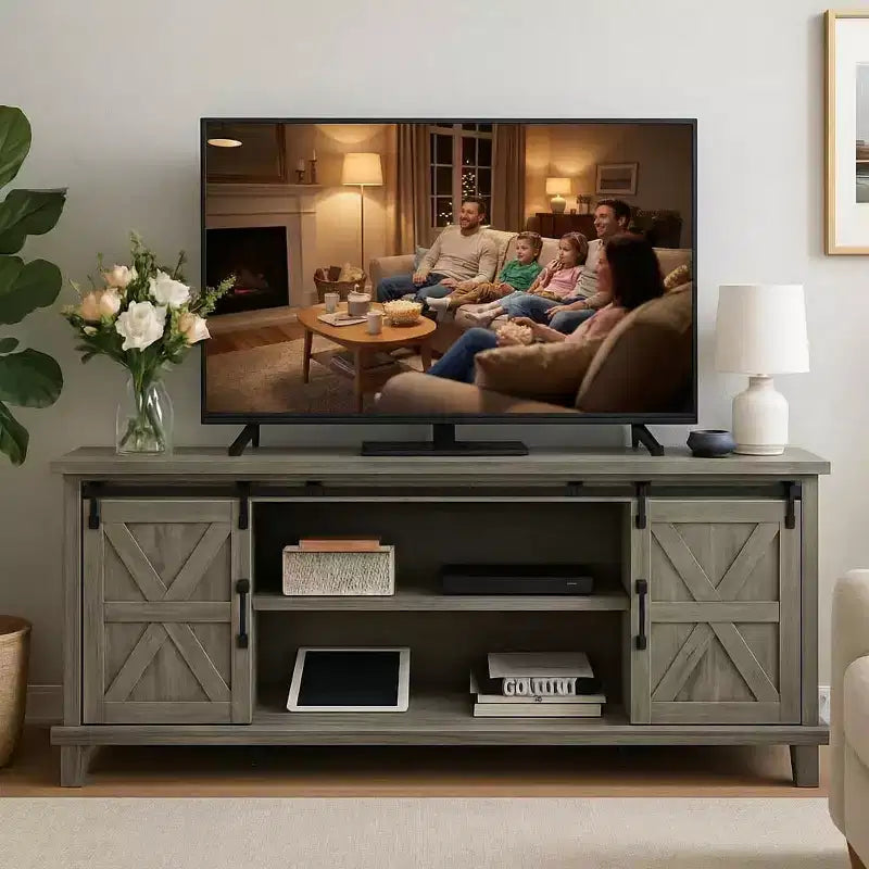 Meuble TV de ferme pour téléviseur 75 pouces avec portes coulissantes, étagères réglables et placards de rangement pour salon