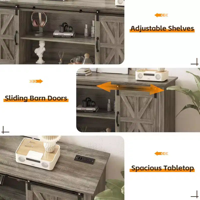 Meuble TV de ferme pour téléviseur 75 pouces avec portes coulissantes, étagères réglables et placards de rangement pour salon