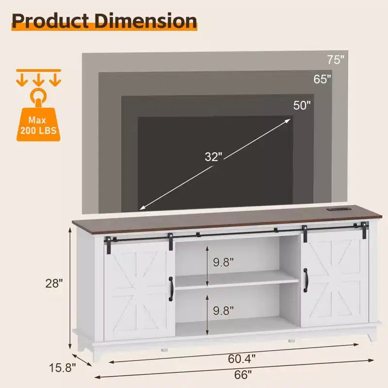 Meuble TV de ferme pour téléviseur 75 pouces avec portes coulissantes, étagères réglables et placards de rangement pour salon