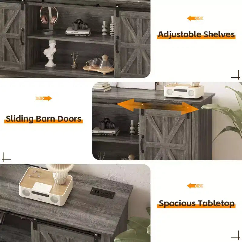 Meuble TV de ferme pour téléviseur 75 pouces avec portes coulissantes, étagères réglables et placards de rangement pour salon