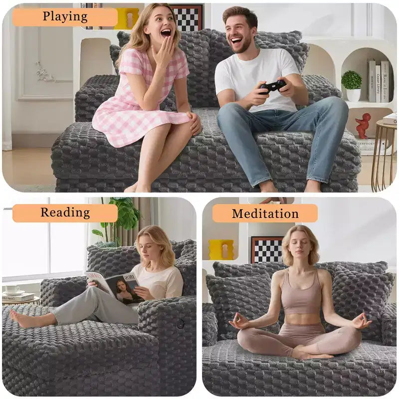 Chaise longue surdimensionnée de 152 cm avec porte-gobelets et ports USB, canapé-lit rembourré pour la lecture - Gris