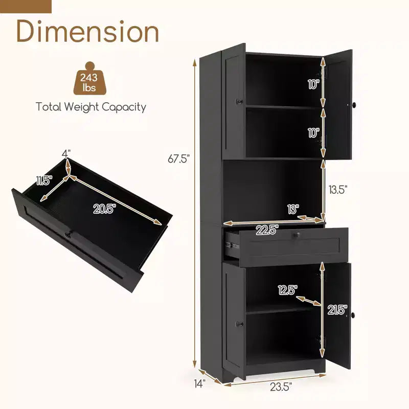 Armoire de cuisine garde-manger de 171 cm avec 4 portes, 1 tiroir, comptoir ouvert et étagère réglable