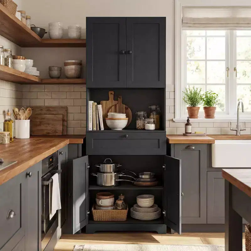 Armoire de cuisine garde-manger de 171 cm avec 4 portes, 1 tiroir, comptoir ouvert et étagère réglable