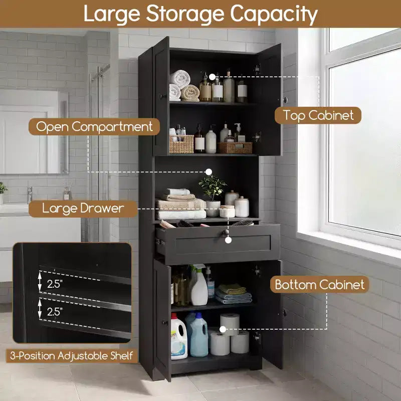 Armoire de cuisine garde-manger de 171 cm avec 4 portes, 1 tiroir, comptoir ouvert et étagère réglable