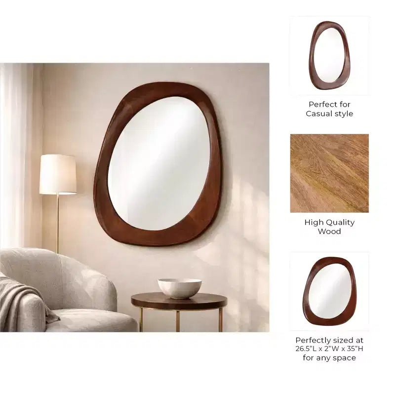 Miroir mural décoratif ovale en bois de manguier pour la décoration de chambre à coucher - Accent mural élégant pour dortoir, coiffeuse de chambre ou décoration de salon - 35, marron et beige
