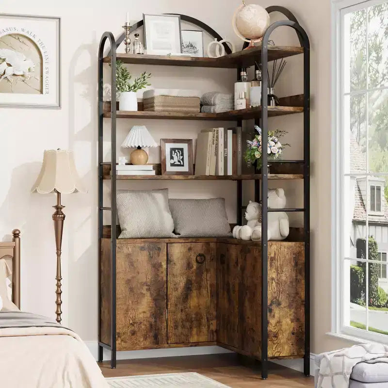 Étagère d'angle à 6 niveaux, Bibliothèque d'angle avec rangement, Bibliothèque d'angle en L rustique avec meuble de rangement, pour salon, bureau à domicile, rétro