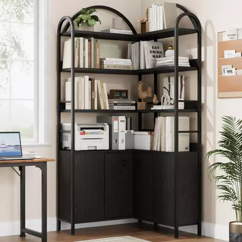 Étagère d'angle à 6 niveaux, Bibliothèque d'angle avec rangement, Bibliothèque d'angle en L rustique avec meuble de rangement, pour salon, bureau à domicile, rétro