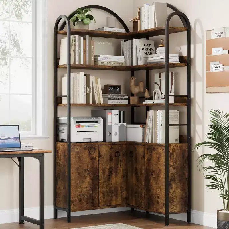 Étagère d'angle à 6 niveaux, Bibliothèque d'angle avec rangement, Bibliothèque d'angle en L rustique avec meuble de rangement, pour salon, bureau à domicile, rétro