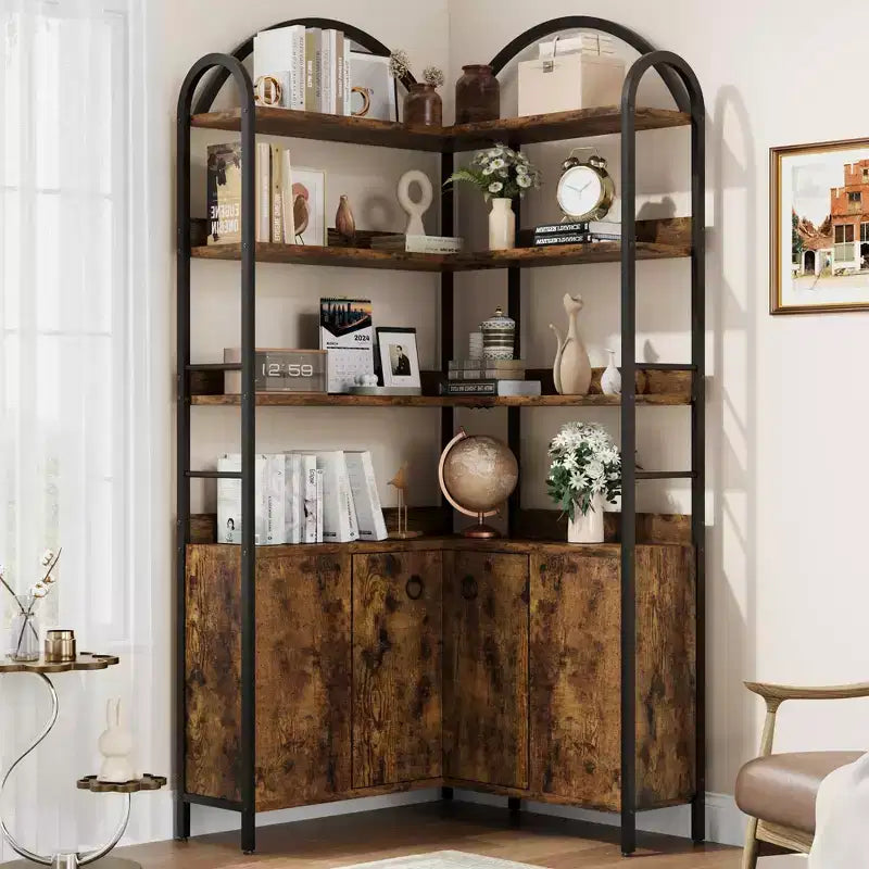 Étagère d'angle à 6 niveaux, Bibliothèque d'angle avec rangement, Bibliothèque d'angle en L rustique avec meuble de rangement, pour salon, bureau à domicile, rétro