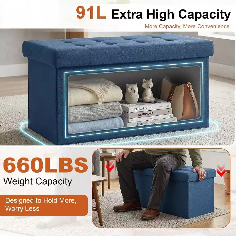 Banc de rangement pliant ottoman de 76 cm, capacité de 300 kg, repose-pieds rembourré pour salon, chambre, entrée