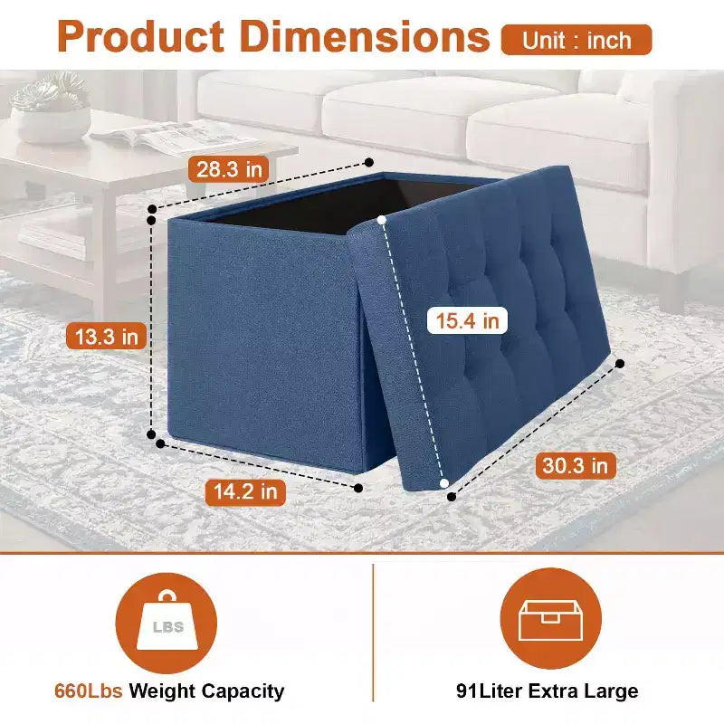 Banc de rangement pliant ottoman de 76 cm, capacité de 300 kg, repose-pieds rembourré pour salon, chambre, entrée