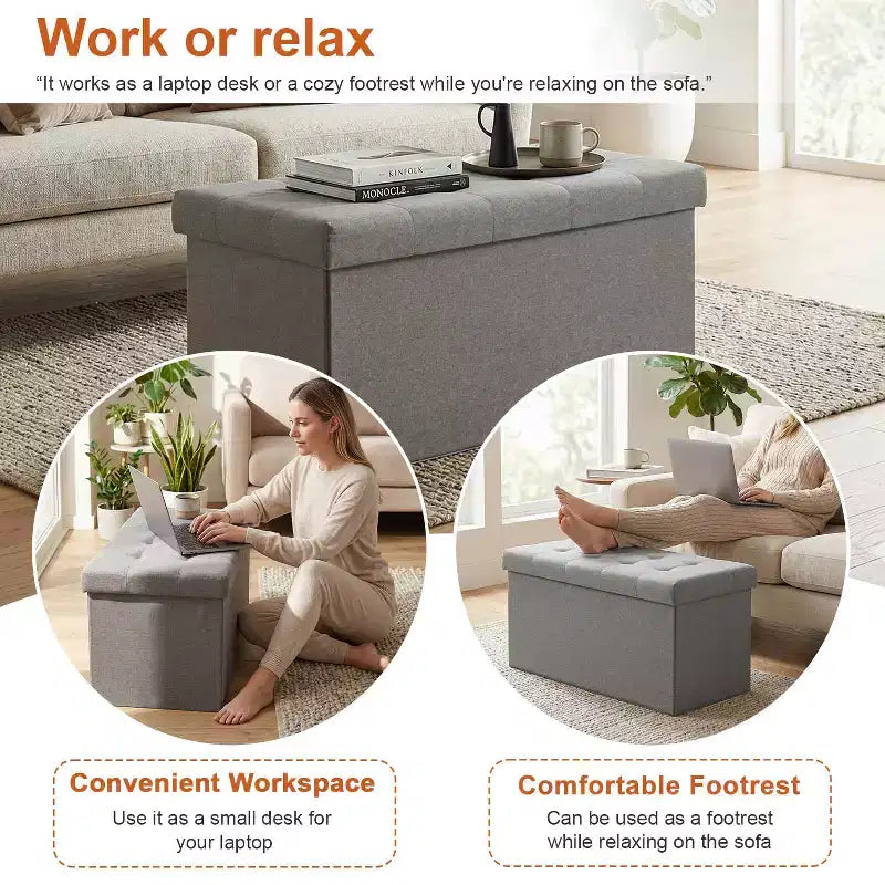 Banc de rangement pliant ottoman de 76 cm, capacité de 300 kg, repose-pieds rembourré pour salon, chambre, entrée