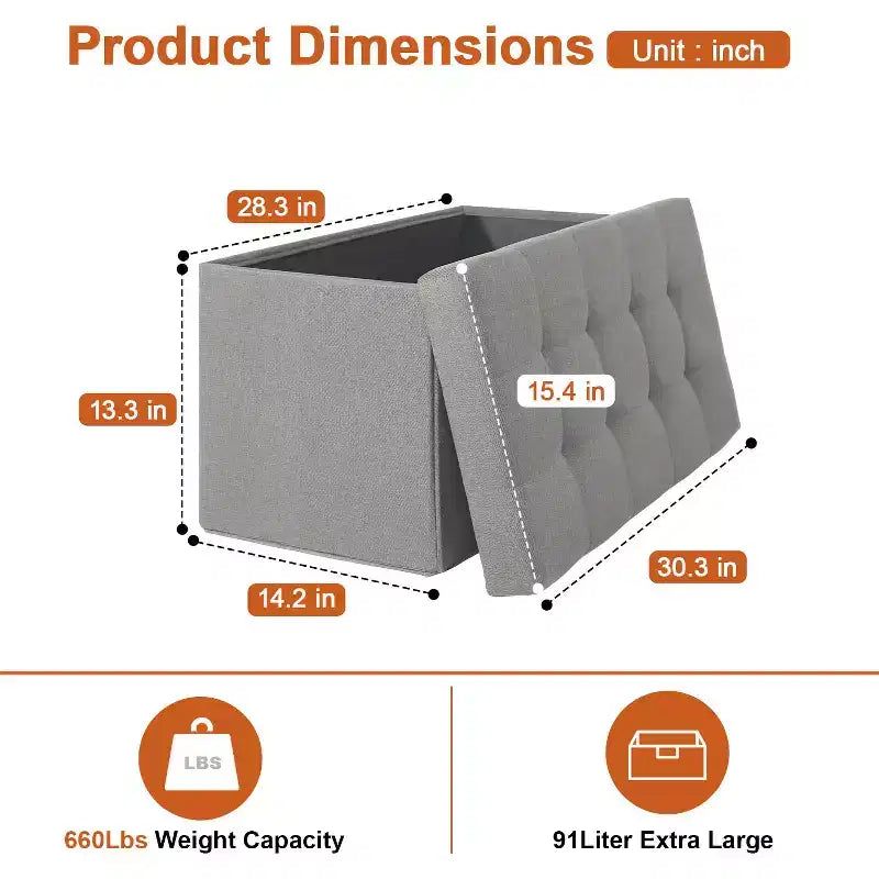 Banc de rangement pliant ottoman de 76 cm, capacité de 300 kg, repose-pieds rembourré pour salon, chambre, entrée