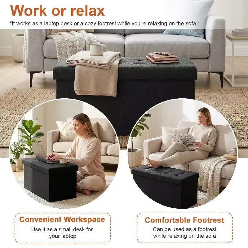 Banc de rangement pliant ottoman de 76 cm, capacité de 300 kg, repose-pieds rembourré pour salon, chambre, entrée