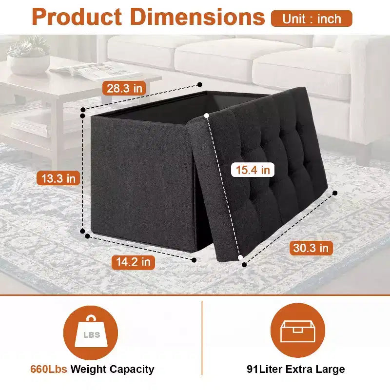 Banc de rangement pliant ottoman de 76 cm, capacité de 300 kg, repose-pieds rembourré pour salon, chambre, entrée