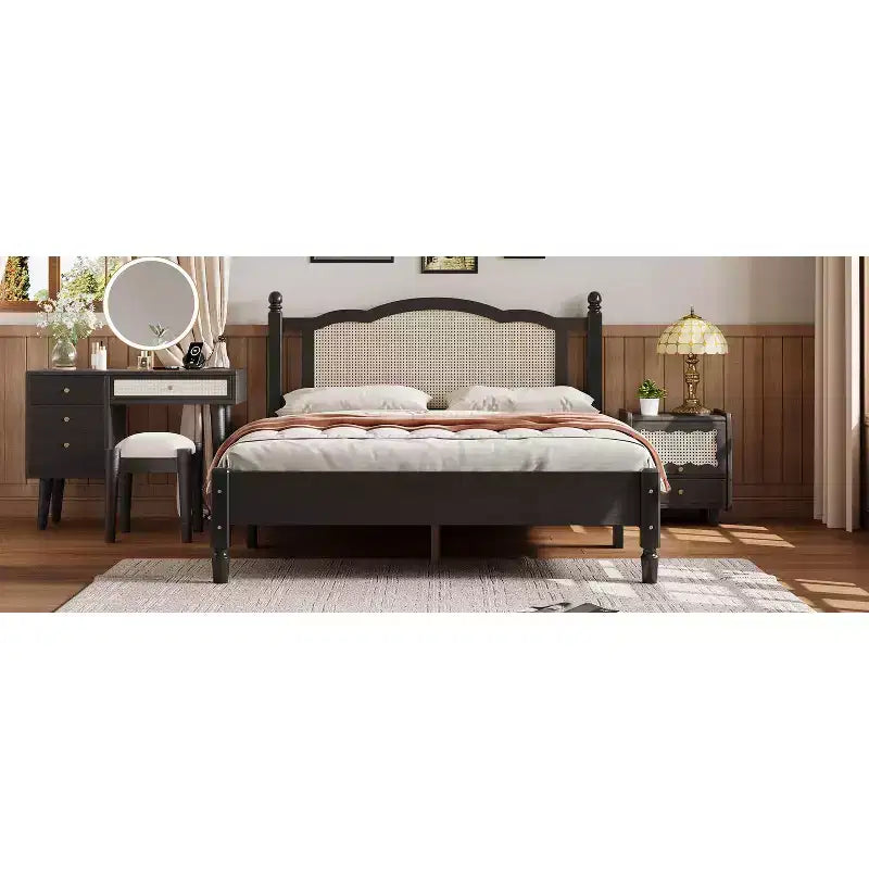 Lit plateforme Queen en bois avec tête de lit en rotin naturel, cadre de lit vintage avec support à lattes, noir