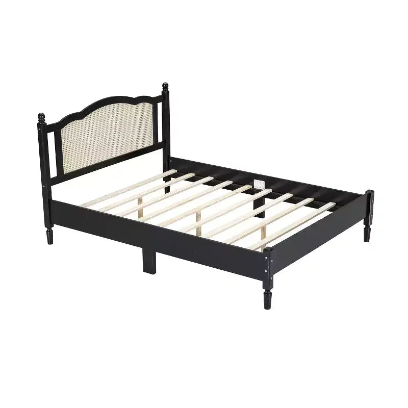 Lit plateforme Queen en bois avec tête de lit en rotin naturel, cadre de lit vintage avec support à lattes, noir