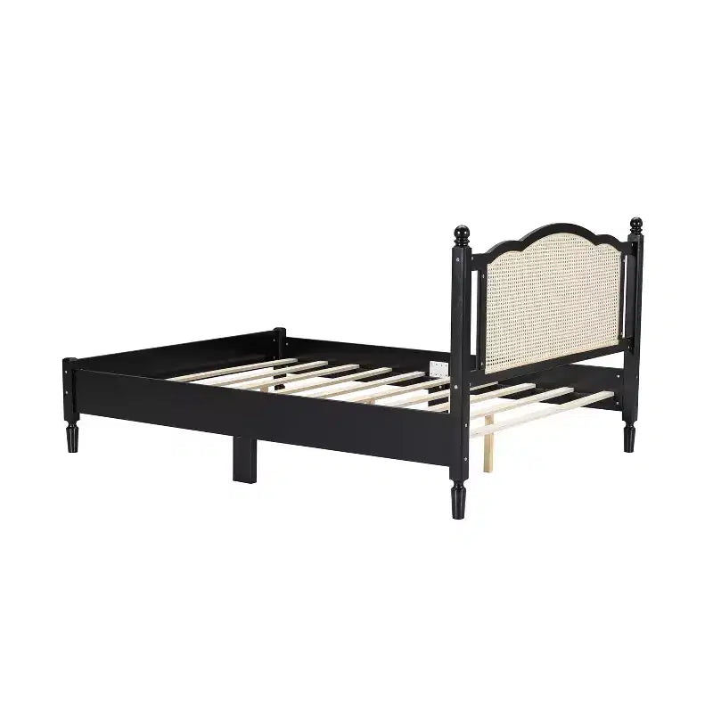 Lit plateforme Queen en bois avec tête de lit en rotin naturel, cadre de lit vintage avec support à lattes, noir