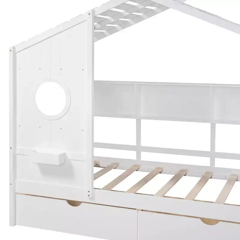 Lit jumeau en bois pour enfants avec 2 tiroirs et étagère de rangement, blanc